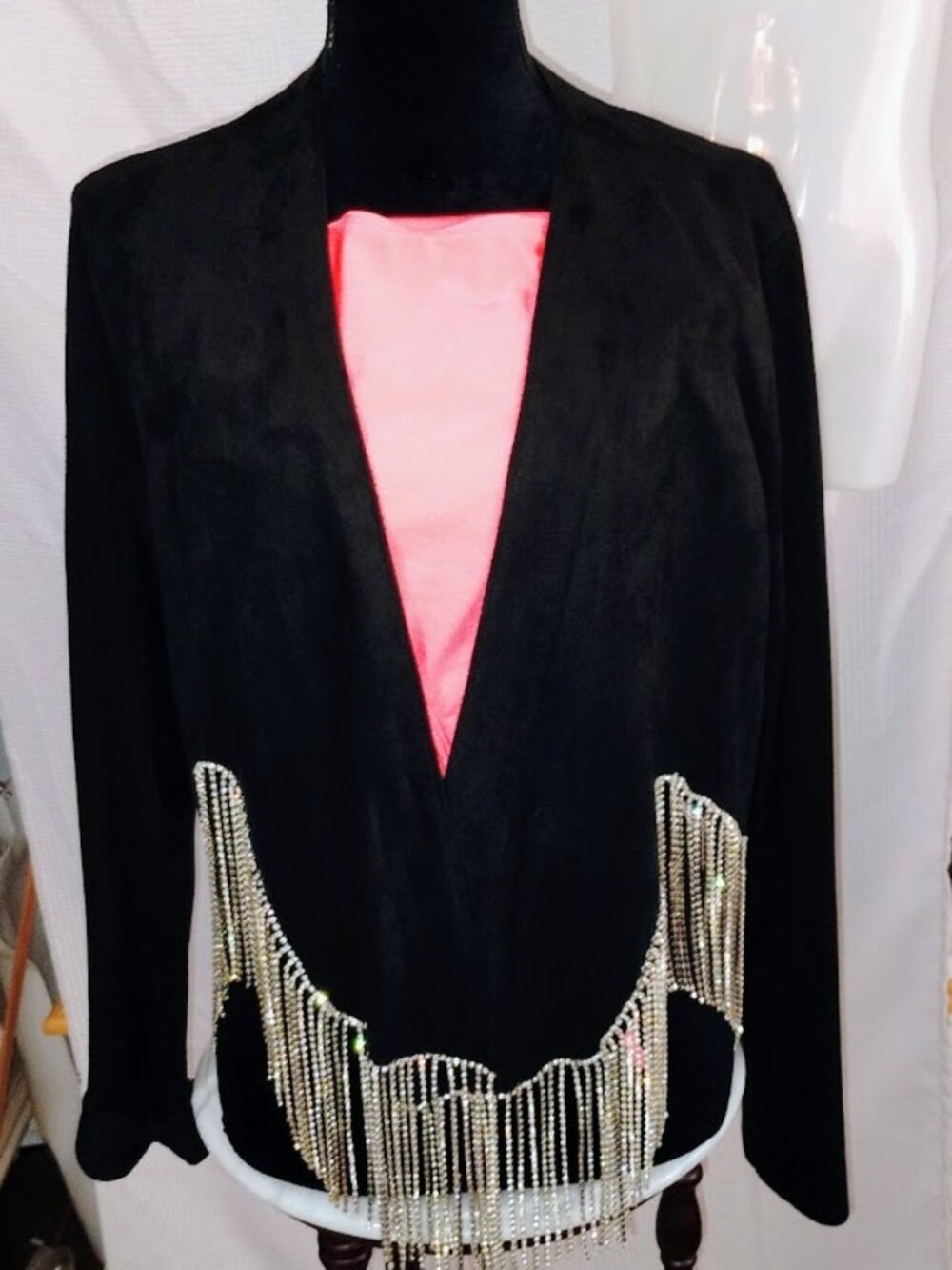 Born To Glam Black Crystal Fringe Open Front Western Jacket Suede XL Like New